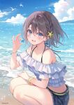  artist_name beach belt bird blue_eyes blush bracelet braid brown_hair character_request clouds copyright_request fukahire_(ruinon) horizon jewelry midriff miniskirt mountain ocean pebble seagull shore short_hair skirt sky smile squatting 