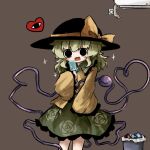  1girl black_eyes black_headwear blouse blush bow brown_background buttons diamond_button eyeball feet_out_of_frame floral_print food frilled_shirt_collar frilled_skirt frilled_sleeves frills green_skirt hand_up happy hat hat_bow hat_ribbon heart heart_of_string heripantomorrow holding holding_food indoors komeiji_koishi light_green_hair long_sleeves medium_hair open_mouth ribbon rose_print shirt simple_background skirt smile solo standing third_eye touhou trash_can wavy_hair wide_sleeves yellow_bow yellow_ribbon yellow_shirt 
