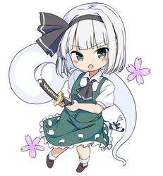  1girl black_hairband black_ribbon blush brown_footwear collared_shirt flower frilled_skirt frills full_body green_eyes green_skirt green_vest grey_hair hair_ribbon hairband hitodama katana konpaku_youmu konpaku_youmu_(ghost) neropaso open_mouth pink_flower ribbon sheath sheathed shirt shoes short_hair short_sleeves simple_background skirt socks solo sword touhou vest weapon white_background white_shirt white_socks 