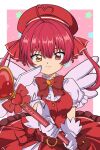  1girl belt cardcaptor_sakura dress gloves heterochromia highres holding hololive houshou_marine kyabetsu_ningen looking_at_viewer magical_girl red_dress redhead shirt short_sleeves sleeveless sleeveless_dress smile solo twintails white_gloves white_shirt 