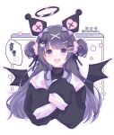  1girl animal_ears bat_wings black_hair black_ribbon black_sweater black_wings bone_hair_ornament bow character_hair_ornament cosplay cross english_commentary fake_animal_ears flower hair_bow hair_ornament hair_ribbon hair_scrunchie hairclip halo hands_up heart highres kuromi kuromi_(cosplay) long_hair long_sleeves looking_at_viewer open_mouth original pink_flower purple_bow ribbon sailor_collar sanrio scrunchie sleeves_past_fingers sleeves_past_wrists smile speech_bubble striped striped_bow sweater teeth turtleneck twitter_username two_side_up upper_body upper_teeth_only very_long_hair violet_eyes white_background white_flower white_sailor_collar window_(computing) wings yukomeow 