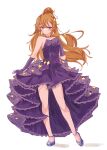  1girl absurdres bare_shoulders black_choker choker closed_mouth dress elbow_gloves fregie full_body gloves hair_bun high_heels highres konoe_kanata long_hair love_live! love_live!_nijigasaki_high_school_idol_club orange_hair purple_dress purple_footwear purple_gloves shining_nikki showgirl_skirt sleeveless sleeveless_dress solo violet_eyes white_background 