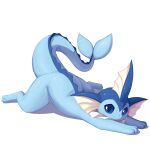  absurdres full_body highres looking_at_viewer lying nevedoodle no_humans on_stomach pokemon pokemon_(creature) simple_background solo vaporeon white_background 