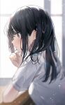  1girl aroa_(aroamoyasi) black_eyes black_hair blurry closed_mouth commentary_request from_side hand_on_own_chin highres indoors long_hair original profile school_uniform shirt short_sleeves solo uniform upper_body white_shirt window 