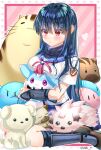  1girl :3 angel_beats! animal animal_hug black_hair black_socks blue_sailor_collar blue_skirt blush blush_stickers boar botan_(clannad) breast_hold breasts cat chibi-moth clannad closed_mouth commentary_request commission company_connection crossed_arms crossover dango_daikazoku dog doruji eyelashes eyes_visible_through_hair feet_out_of_frame fox hair_between_eyes happy heart highres holding holding_animal inari_(summer_pockets) kanon key_(company) kneehighs little_busters! long_hair looking_down medium_breasts multiple_crossover neckerchief pink_background pink_neckerchief piro pleated_skirt potato_(air) red_eyes rewrite sailor_collar shiina_(angel_beats!) shinda_sekai_sensen_uniform shirt short_sleeves simple_background sitting skeb_commission skirt socks solo straight_hair stuffed_animal stuffed_toy summer_pockets twitter_username v-shaped_eyebrows very_long_hair wariza white_shirt zuzuhashi |_| 