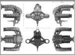  commentary concept_art crowsrock eve_online frigate_(eve_online) from_side greyscale highres military_vehicle monochrome multiple_views no_humans original reference_sheet science_fiction spacecraft thrusters traditional_media vehicle_focus 