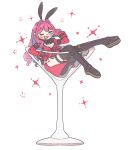  1girl animal_ears anko_omotimoti baobhan_sith_(fate) black_bow black_bowtie boots bow bowtie bridal_gauntlets bunny_day cocktail_glass cup drinking_glass fate/grand_order fate_(series) grey_eyes highres in_container in_cup jacket long_sleeves looking_at_viewer lounging one_eye_closed open_mouth playboy_bunny rabbit_ears red_jacket redhead simple_background solo sparkle thigh_boots white_background 