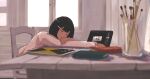  1girl absurdres bangs_pinned_back black_hair book chair closed_eyes cup day drawing_tablet facing_ahead hair_ornament hairclip highres indoors leaning_on_table long_bangs long_sleeves notebook oka_kojiro original paintbrush shirt short_hair sidelocks sitting sleeping solo upper_body white_shirt window wooden_desk 