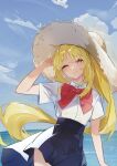  1girl ;) absurdres blonde_hair blue_sky bocchi_the_rock! bow bowtie closed_mouth clouds collared_shirt commentary_request cowboy_shot day feng1180 hand_up hat highres ijichi_nijika large_bow long_hair looking_at_viewer ocean one_eye_closed outdoors pleated_skirt red_bow red_bowtie red_eyes school_uniform shirt shirt_tucked_in short_sleeves sidelocks skirt sky smile solo standing straw_hat sun_hat white_shirt 