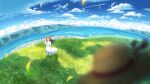  1girl blue_sky blurry blurry_foreground brown_eyes brown_hair clouds day dress hat long_hair mountain ocean original outdoors scenery shuu_illust sky solo sun_hat water white_dress 