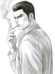  1boy character_request collared_shirt from_behind frown genandnak greyscale long_sideburns looking_at_viewer looking_back male_focus monochrome ryu_ga_gotoku ryuu_ga_gotoku_(series) shirt short_hair sideburns smoke smoking solo thick_eyebrows upper_body yakuza 