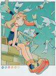  1girl bare_arms bike_shorts blue_shirt border bow_hairband closed_mouth color_guide full_body grey_border grey_eyes hairband highres long_hair looking_at_viewer may_(pokemon) mudkip oharu-chan orange_hair outdoors outside_border pastel_colors pokemon pokemon_(creature) pokemon_adventures railing shirt shoe_soles sitting sleeveless sleeveless_shirt solo white_hairband wingull yellow_footwear 