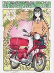  1girl art_nouveau black_hair blue_skirt brown_sweater dated dress_shirt english_text floral_background floral_print flower highres honda honda_ct110 honda_super_cub kaz_tsuruoka leaf long_hair long_sleeves moped motor_vehicle motorcycle necktie pleated_skirt reiko_(super_cub) scooter shirt shirt_under_sweater signature skirt solo solo_focus super_cub sweater traditional_media white_shirt 