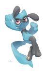  absurdres full_body highres looking_at_viewer no_humans nullma open_mouth pokemon pokemon_(creature) riolu signature simple_background solo white_background 