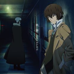  2boys album_cover bandaged_arm bandages black_cloak black_footwear black_hair black_vest brooch brown_coat brown_eyes bungou_stray_dogs cloak closed_mouth coat collared_shirt cover cowboy_shot dazai_osamu_(bungou_stray_dogs) full_body fur_hat fyodor_dostoyevsky_(bungou_stray_dogs) hands_in_pockets hat highres indoors jewelry long_coat male_focus multiple_boys official_art profile red_eyes shirt shoes short_hair standing vest white_headwear white_shirt 