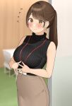  1girl :3 bare_shoulders black_sweater black_sweater_vest blurry blurry_background blush breasts brown_hair brown_skirt chair cow doorway earrings flying_sweatdrops groin highres jewelry lanyard large_breasts office office_lady ol-chan_(ol_mahonanoka) ol_mahonanoka original pencil_skirt ponytail ribbed_sweater shirt skirt sleeveless sleeveless_turtleneck smile solo steepled_fingers sweater sweater_vest swept_bangs table tareme taut_clothes taut_shirt taut_skirt turtleneck turtleneck_sweater 