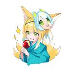 1girl alternate_costume animal_ear_fluff animal_ears arknights blonde_hair blue_kimono candy_apple commentary_request food food_on_face fox_ears fox_girl fox_tail green_eyes highres holding holding_food japanese_clothes kimono kitsune kyuubi long_sleeves mask mask_on_head multicolored_hair multiple_tails sankichi_(croquette_crab) short_hair simple_background solo sparkle suzuran_(arknights) tail two-tone_hair upper_body white_background white_hair wide_sleeves 
