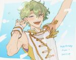  1boy arm_up bare_arms commentary dated ens_m_i ensemble_stars! fingernails green_hair hand_up happy_birthday male_focus open_mouth short_hair sleeveless solo summer_live_(ensemble_stars!) teeth tomoe_hiyori upper_body violet_eyes 
