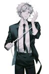  1boy akat42273008 bandaged_hand bandages bungou_stray_dogs collared_shirt cowboy_shot formal greyscale hand_up highres jacket looking_at_viewer male_focus monochrome mouth_hold nakajima_atsushi_(bungou_stray_dogs) necktie pants shirt short_hair simple_background sleeves_rolled_up solo standing suit suspenders 