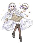  1girl apron basket black_footwear braided_sidelock cookie dress fire_emblem fire_emblem:_three_houses fire_emblem_heroes food frilled_apron frilled_dress frills full_body hair_ribbon highres long_hair looking_at_viewer lysithea_von_ordelia lysithea_von_ordelia_(tea_party) maid maid_apron maid_headdress official_alternate_costume official_alternate_hairstyle paiiart pantyhose ribbon smile solo violet_eyes white_background white_dress white_hair wrist_cuffs 