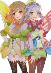 2girls absurdres ahoge black_pantyhose black_thighhighs blonde_hair blue_eyes braid breasts capelet commission commissioner_upload drill_hair english_commentary fairy fairy_wings fire_emblem fire_emblem_fates fire_emblem_heroes flower hair_between_eyes hair_flower hair_ornament hairband highres large_breasts leaf_bracelet low_twin_braids mariirasuto7 medium_breasts multiple_girls nina_(fire_emblem) nina_(resplendent)_(fire_emblem) open_mouth pantyhose parted_bangs peony_(fire_emblem) pink_capelet sidelocks teeth thigh-highs twin_braids twintails violet_eyes wings