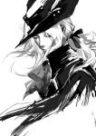  1girl ascot bloodborne greyscale hat highres jiao_chang lady_maria_of_the_astral_clocktower monochrome ponytail solo tricorne upper_body white_hair 