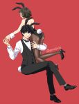  1boy 1girl amamiya_ren animal_ears ass back blush gorojiro_(goro5626) high_heels kawakami_sadayo persona persona_5 playboy_bunny rabbit_ears shoes short_hair 