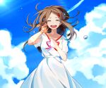  1girl =_= arm_up blue_sky brown_hair casual closed_eyes clouds cloudy_sky collarbone commentary commission day dress facing_viewer feet_out_of_frame floating_hair flying_teardrops hair_ornament hairclip hand_in_own_hair hand_on_own_chest hand_on_own_head happy_tears hisu_(hiss_1107) kagerou_project lens_flare light_rays long_hair mixed-language_commentary neck_ribbon no_scarf official_alternate_costume open_mouth outdoors parted_hair puffy_short_sleeves puffy_sleeves red_ribbon red_trim ribbon short_sleeves sky smile solo summertime_record_(vocaloid) sun sunbeam sunlight tateyama_ayano tears teeth upper_teeth_only white_dress 