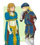  1boy 1girl artist_name blonde_hair blue_headwear boots braid bridal_gauntlets chimpukampu closed_mouth cosplay costume_switch earrings eye_contact gloves grey_footwear grey_gloves hand_up highres jewelry link long_sleeves looking_at_another pointy_ears ponytail princess_zelda royal_guard_set_(zelda) the_legend_of_zelda the_legend_of_zelda:_breath_of_the_wild thigh_boots triforce_print watermark 