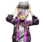  1boy :d ^_^ absurdres arms_up black_jacket blush_stickers closed_eyes facing_viewer fuwa_minato grey_hair hair_between_eyes highres holding jacket long_sleeves male_focus multicolored_hair nijisanji open_clothes open_jacket puffy_long_sleeves puffy_sleeves purple_hair redhead shirt simple_background smile sofra solo stereo streaked_hair upper_body virtual_youtuber white_background white_shirt 