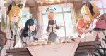  6+girls :t ahoge animal_ear_headphones animal_ears apron aris_(blue_archive) black_dress black_hair black_thighhighs blonde_hair blue_archive blush cake cat_ear_headphones closed_eyes closed_mouth cup curtains day dress faceless faceless_female fake_animal_ears food game_development_department_(blue_archive) halo headphones highres huge_ahoge indoors long_hair long_sleeves maid midori_(blue_archive) momoi_(blue_archive) muina multiple_girls neru_(blue_archive) one_side_up open_mouth orange_hair pout red_eyes redhead restaurant siblings sisters sitting table tablecloth tail thigh-highs twins very_long_hair white_apron window yuzu_(blue_archive) 