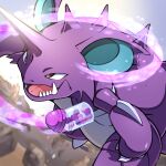  absurdres blurry bright_pupils brown_eyes claws commentary_request day fangs glowing highres horn_drill_(pokemon) horns jar nidoking no_humans open_mouth outdoors pokemon pokemon_(creature) pon_yui rock single_horn solo spikes tongue white_pupils x_accuracy 