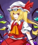  1girl absurdres ascot blonde_hair brooch collared_shirt cowboy_shot crystal flandre_scarlet hair_between_eyes hat hat_ribbon highres ichinose_rom jewelry long_hair looking_at_viewer mob_cap multicolored_wings one_side_up open_mouth puffy_short_sleeves puffy_sleeves purple_background red_brooch red_eyes red_ribbon red_skirt red_vest ribbon shirt short_sleeves simple_background skirt skirt_set solo teeth touhou upper_teeth_only vest white_headwear white_shirt wings yellow_ascot 