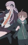  1boy 1girl ahoge black_background black_footwear black_gloves black_jacket black_pants black_ribbon black_skirt braid brown_hair danganronpa:_trigger_happy_havoc danganronpa_(series) gloves green_hoodie grey_hair hair_ribbon high_heels hood hood_down hoodie jacket kirigiri_kyoko long_hair miniskirt naegi_makoto necktie open_clothes open_jacket orange_necktie pants pleated_skirt purple_jacket ribbon rpom_j short_hair side_braid simple_background skirt 