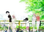  1boy 4girls backpack bag bicycle black_eyes black_hair black_shirt blonde_hair brown_hair brown_pants camera closed_eyes closed_mouth collared_shirt green_pants highres holding holding_camera hood hoodie ishida_miyako ishida_shouya koe_no_katachi long_hair looking_at_another mother_and_daughter mother_and_son multicolored_hair multiple_girls nishimiya_shouko nishimiya_yaeko nishimiya_yuzuru official_art ooima_yoshitoki open_mouth outdoors pants pink_skirt purple_shirt red_shorts red_sweater reverse_trap scan shirt short_hair short_sleeves shorts skirt smile spiky_hair sweater sweater_vest tree two-tone_hair white_hoodie white_pants white_sweater_vest yellow_shirt 