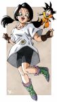  1boy 1girl ankle_boots belt bike_shorts black_belt black_gloves black_hair blue_eyes boots border collarbone commentary_request dougi dragon_ball dragon_ball_z fingerless_gloves floating floating_hair full_body gloves green_footwear highres kakeru_(dbskakeru) long_hair looking_at_viewer low_twintails male_child open_mouth orange_pants outside_border oversized_clothes oversized_shirt pants purple_socks shirt short_sleeves signature smile socks son_goten spandex spiky_hair toriyama_akira_(style) twintails videl white_border white_shirt 