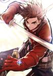  1boy brown_eyes brown_hair closed_mouth dated dual_wielding gloves holding holding_sword holding_weapon lloyd_irving looking_at_viewer male_focus pants red_gloves shin_(sinsin12121) simple_background solo spiky_hair sword tales_of_(series) tales_of_symphonia twitter_username watermark weapon 