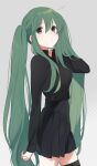  1girl black_thighhighs commentary_request douga_ppp green_eyes green_hair highres long_hair long_sleeves looking_at_viewer original sidelocks simple_background skirt solo thigh-highs twintails 