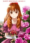  1girl anrietta_rochefort arc_the_lad arc_the_lad_iii breasts brown_eyes brown_hair closed_mouth curly_hair dated dress flower gloves happy_birthday long_hair looking_at_viewer red_flower red_rose ribbon rose smile solo yahiro_(sr_ochadoki) 