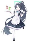  1girl absurdres apron aris_(blue_archive) aris_(maid)_(blue_archive) black_footwear black_hair black_wristband blue_archive blue_eyes commentary food full_body glass green_halo halo hand_up highres holding holding_tray loafers long_hair looking_at_viewer maid maid_apron maid_headdress marks_(dmhunsu10) official_alternate_costume open_mouth ponytail shoes short_sleeves sidelocks simple_background smile solo standing standing_on_one_leg tray very_long_hair white_apron white_background wristband 