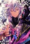  1boy artist_name bad_id bad_pixiv_id black_shirt cacao_(chocotto) closed_mouth fate/grand_order fate_(series) hair_between_eyes hair_ornament highres holding holding_staff hood hood_down hooded_robe knot looking_at_viewer medium_hair merlin_(fate) multicolored_hair petals pink_hair robe shirt sidelocks smile solo staff turtleneck upper_body violet_eyes white_hair white_robe 