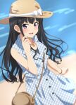  1girl :d bag black_hair blue_dress blush bow brown_headwear casual collarbone commentary_request dars_(recolors) dress handbag hat hat_bow highres inoue_takina long_hair lycoris_recoil open_mouth plaid plaid_dress sleeveless sleeveless_dress smile solo sun_hat violet_eyes white_bow 