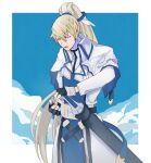  1boy alternate_hair_length alternate_hairstyle belt black_belt black_gloves blonde_hair blue_eyes blue_sky blue_tabard blue_trim border buttons capelet chin clouds collared_capelet collared_jacket commentary fingerless_gloves gloves guilty_gear hand_on_hilt high_ponytail highres jacket ky_kiske long_hair narrowed_eyes open_mouth ranko_no_ane sheath sheathed sky sword tabard two-tone_gloves very_long_hair weapon white_border white_capelet white_gloves white_jacket 