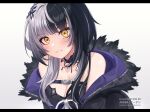  1girl ardenlolo black_choker black_dress black_hair black_jacket breasts choker clenched_teeth dress grey_hair hololive hololive_english jacket looking_at_viewer multicolored_hair open_mouth shiori_novella simple_background smile solo streaked_hair teeth virtual_youtuber white_background yellow_eyes 