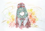  absurdres calligraphy_brush front_ponytail green_eyes green_hair hair_ribbon highres ikeda_ruriko kagiyama_hina leaf leaf_print long_hair looking_at_viewer maple_leaf maple_leaf_print paintbrush painting_(medium) portrait red_ribbon ribbon touhou traditional_media upper_body watercolor_(medium) white_background 