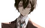  1boy bandage_on_neck black_hair brown_suit bungou_stray_dogs collared_shirt dazai_osamu_(bungou_stray_dogs) formal hair_between_eyes highres jacket looking_at_viewer male_focus red_eyes shirt short_hair sidelocks simple_background smile solo suit upper_body user_wjpu7573 white_background white_shirt 