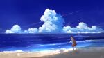  1girl animal_ears backpack bag barefoot beach blue_sky clouds contrail creature cumulonimbus_cloud day highres ocean original outdoors pleated_skirt red_headwear red_skirt rune_xiao sand scenery shirt skirt sky solo standing water white_hair white_shirt 