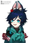  1boy absurdres animal_ears aqua_eyes artist_name backpack bag blue_hair braid fox_ears genshin_impact gradient_hair green_hoodie hair_ornament heart heart_hair_ornament highres hood hoodie instagram_logo instagram_username lkari_shi long_sleeves male_focus multicolored_hair open_mouth smile solo twin_braids twitter_logo twitter_username venti_(genshin_impact) x_hair_ornament 