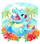  commentary_request dated flower fullmofsuika marker_(medium) no_humans open_mouth orange_flower outstretched_arms palm_tree pokemon pokemon_(creature) red_eyes red_flower signature solo teeth tongue totodile traditional_media tree 