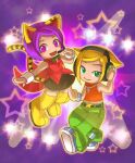  2girls :d animal_ears belt blonde_hair boots bow bowtie dj_candy green_eyes green_pants headphones headset looking_at_viewer mc_emi mirai_(mirai8) multiple_girls mysims pants purple_background purple_hair short_hair skirt sleeveless smile spotlight star_(symbol) tail tiger_ears tiger_tail violet_eyes wrist_cuffs wristband yellow_footwear 